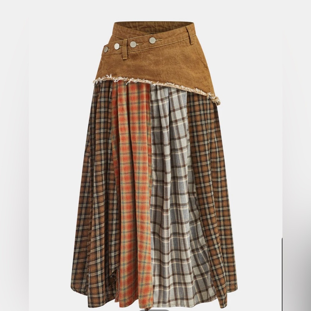 NEVER WORN! Denim paneled mixed plaid midi skirt